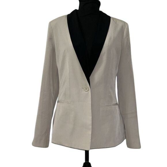Express Cream and Black Blazer with Tuxedo Lapel and Deep V-Neckline - Picture 1 of 11